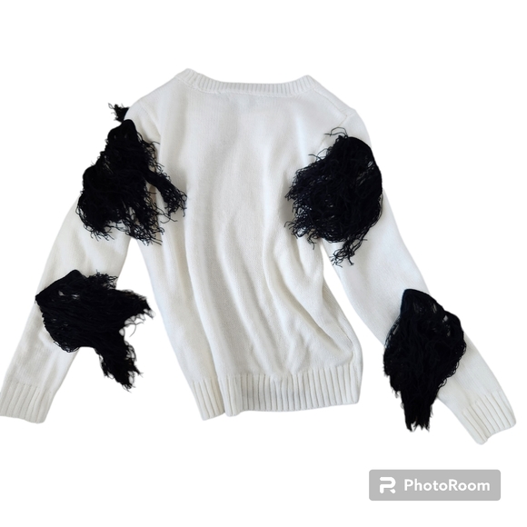 Eva Mendes New York & Co White Knit Sweater with Black Fringe Pom Poms Med - Picture 11 of 11
